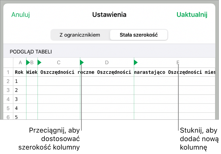 Ustawienia importowania pliku tekstowego o stałej szerokości.