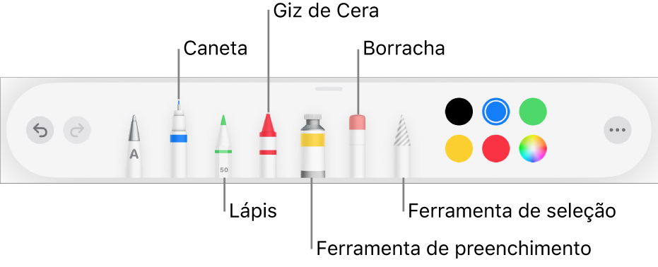 Barra de ferramentas de desenho com caneta, lápis, giz de cera, ferramenta de preenchimento, borracha, ferramenta de seleção e disco de cores mostrando a cor atual. Na extrema direita, está o botão do menu Mais.