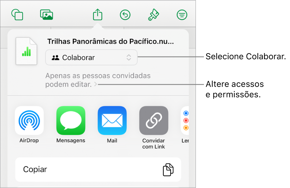 Menu Compartilhar com Colaborar selecionado na parte superior e os ajustes de acesso e permissão abaixo.