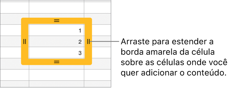 Célula selecionada com uma grande borda amarela que você pode arrastar para preencher células automaticamente.