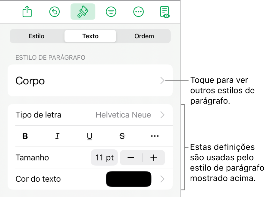 O menu "Formatação” a apresentar controlos de texto para definir estilos de parágrafo e carácter, tipo de letra, tamanho e cor.