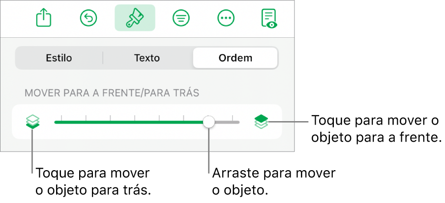 O botão “Mover para trás”, o botão “Mover para a frente” e o nivelador da camada.