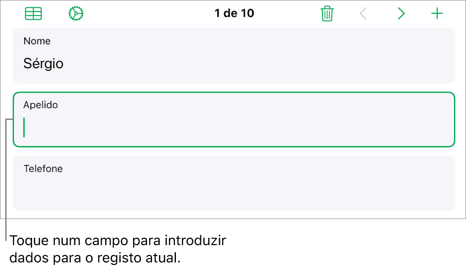 Um registo num formulário a mostrar um campo ativo com um ponto de inserção.