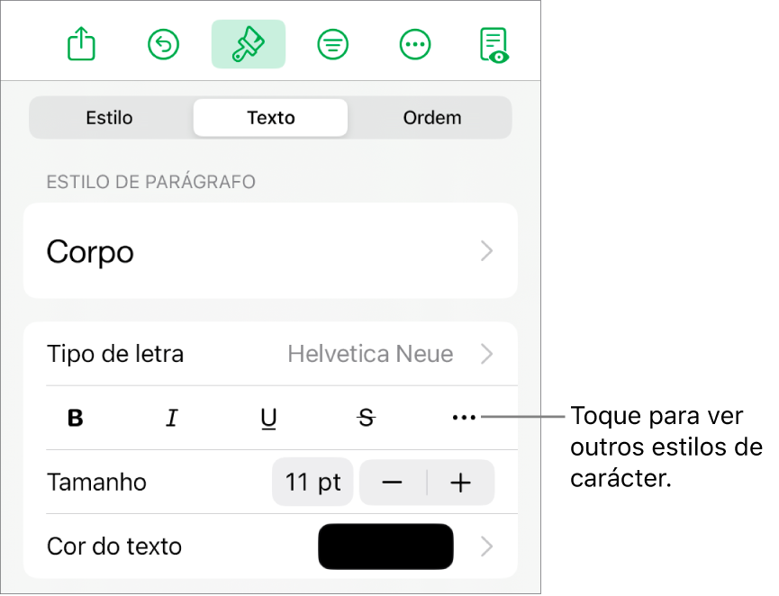 Os controlos de "Formatação” com estilos de parágrafo na parte superior e depois os controlos de tipo de letra. Sob “Tipo de letra” encontram-se os botões “Negrito”, “Itálico”, “Sublinhado”, “Riscado” e “Mais opções de texto”.