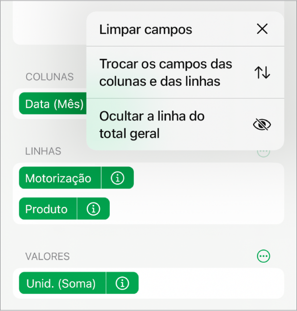 O menu "Mais opções do campo”, a mostrar os controlos que permitem ocultar os totais gerais, trocar os campos das colunas e das linhas e limpar campos.