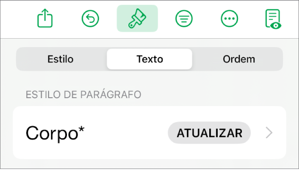 Um estilo de parágrafo com um asterisco junto ao mesmo e um botão "Atualizar” à direita.