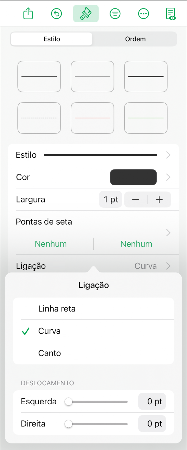 Os controlos de “Ligação” com “Curva” selecionada.