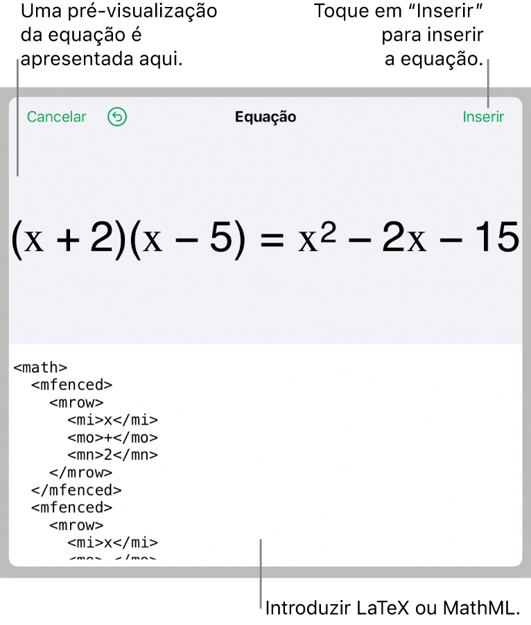 A caixa de diálogo “Equação”, apresentando uma equação escrita com recurso aos comandos MathML e uma pré-visualização da fórmula em cima.