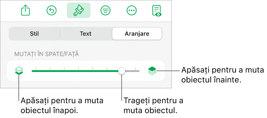 Butonul Deplasare înapoi, butonul Deplasare înainte și glisorul pentru straturi.