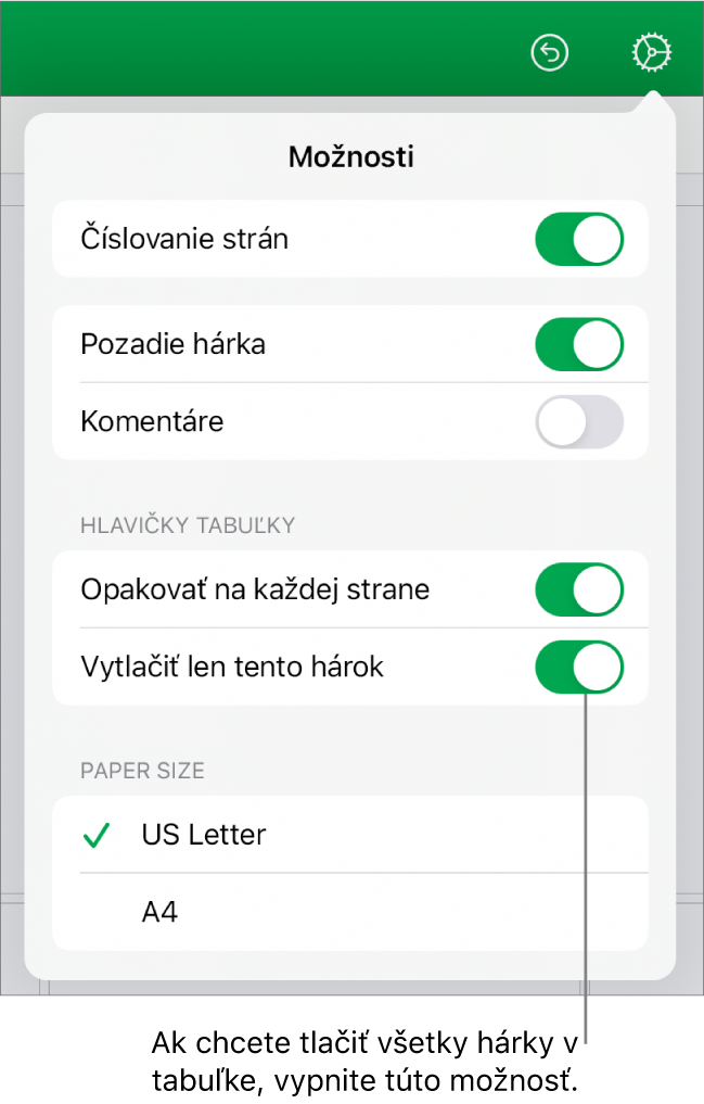 Panel náhľadu tlače s ovládacími prvkami na zobrazenie čísel strán, opakovanie hlavičiek na každej strane, zmenu veľkosti papiera a výber tlače celej tabuľky alebo len aktuálneho hárka.