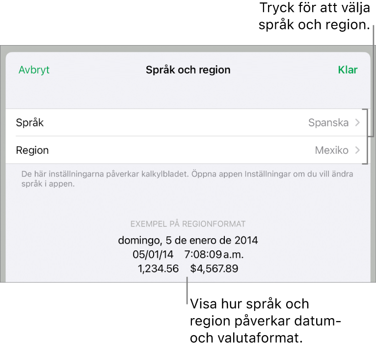 Panelen Språk och region med reglage för språk och region samt ett formatexempel med datum, tid, decimal och valuta.