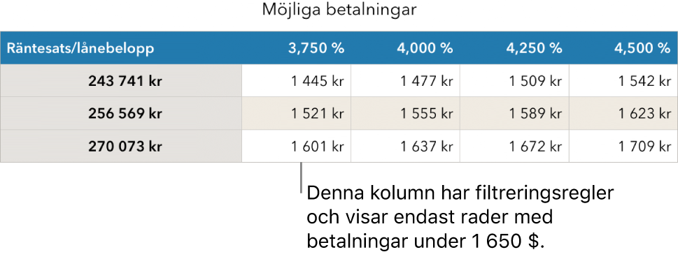 En lånetabell efter att den har filtrerats efter ekonomiskt hanterbara räntor.