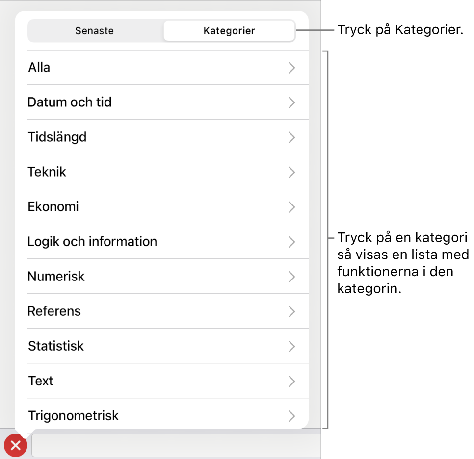 Funktionsbläddraren med knappen Kategorier markerad och listan över kategorier nedanför.