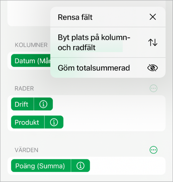 Menyn Fler fältalternativ som visar reglagen för att gömma totalsummor, byta plats på kolumn- och radfält och rensa fält.