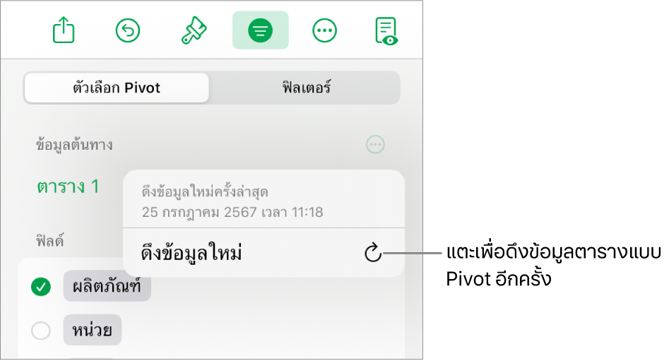 เมนูตัวเลือก Pivot ที่แสดงตัวเลือกสำหรับดึงข้อมูลตารางแบบ Pivot ใหม่