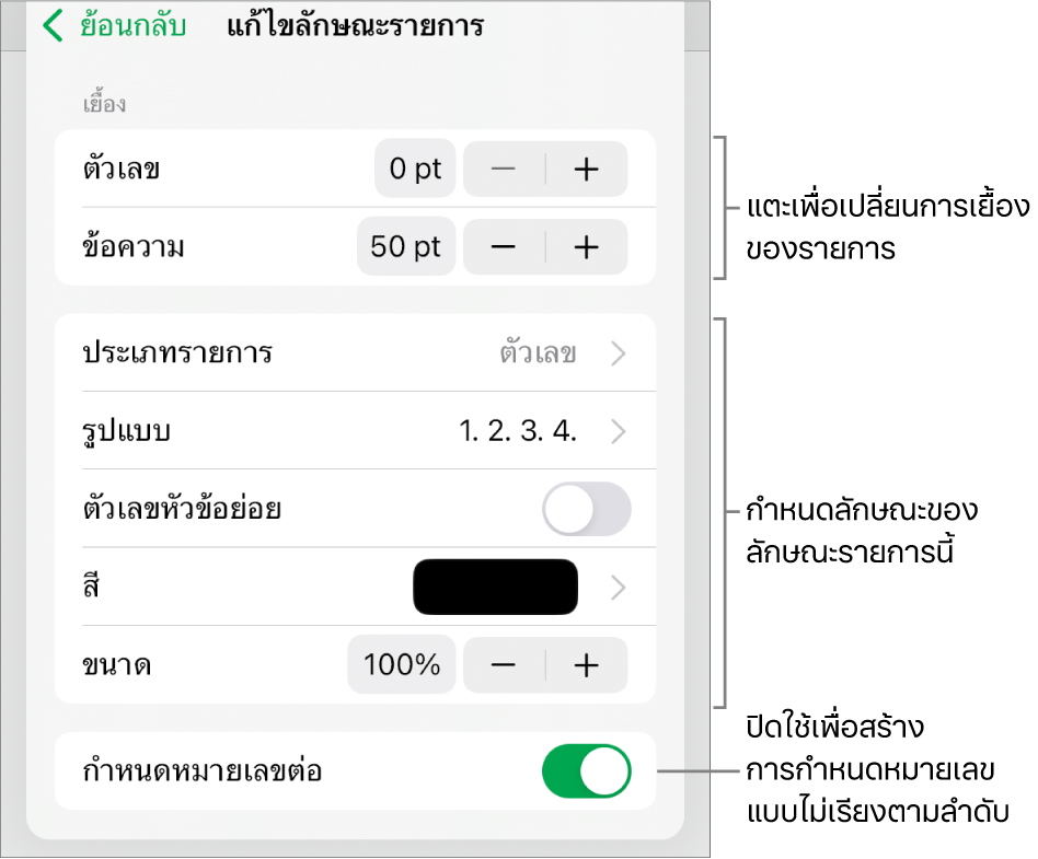 เมนูแก้ไขลักษณะรายการที่มีตัวควบคุมสำหรับระยะห่างการเยื้อง ประเภทและรูปแบบของรายการ ตัวเลขหัวข้อย่อย สีและขนาดของรายการ และการกำหนดหมายเลขต่อ