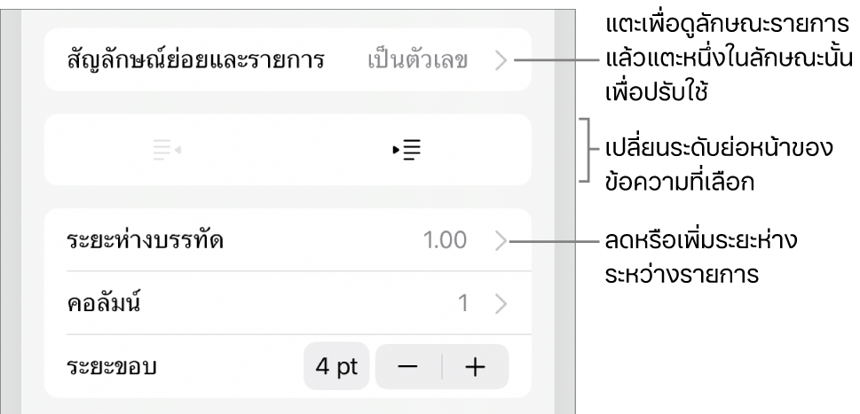 ส่วนสัญลักษณ์ย่อยและรายการของตัวควบคุมรูปแบบที่มีคำบรรยายสำหรับสัญลักษณ์ย่อยและรายการ ปุ่มการเยื้องออกและการเยื้องเข้า และตัวควบคุมระยะห่างบรรทัด