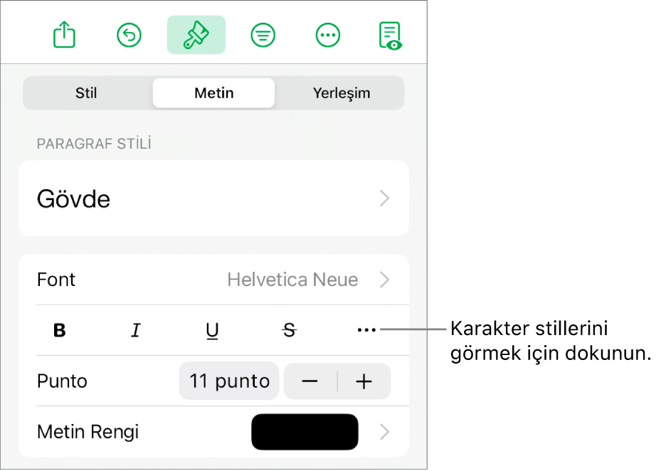 En üstteki paragraf stilleri ile Biçim denetimleri, ardından Font denetimleri. Font’un altında Kalın, İtalik, Altı Çizgili, Üstü Çizgili ve Daha Fazla Metin Seçeneği düğmeleri bulunur.