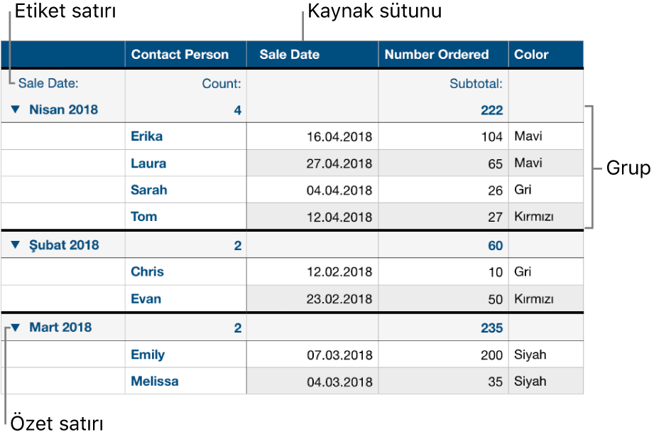 Kategoriye ayrılmış tablolar