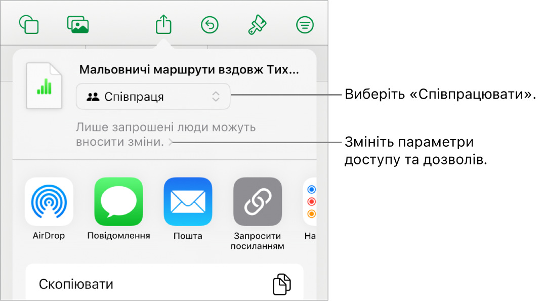 Меню «Поширити» з вибраним угорі елементом «Співпраця», а також параметрами доступу й дозволів унизу.