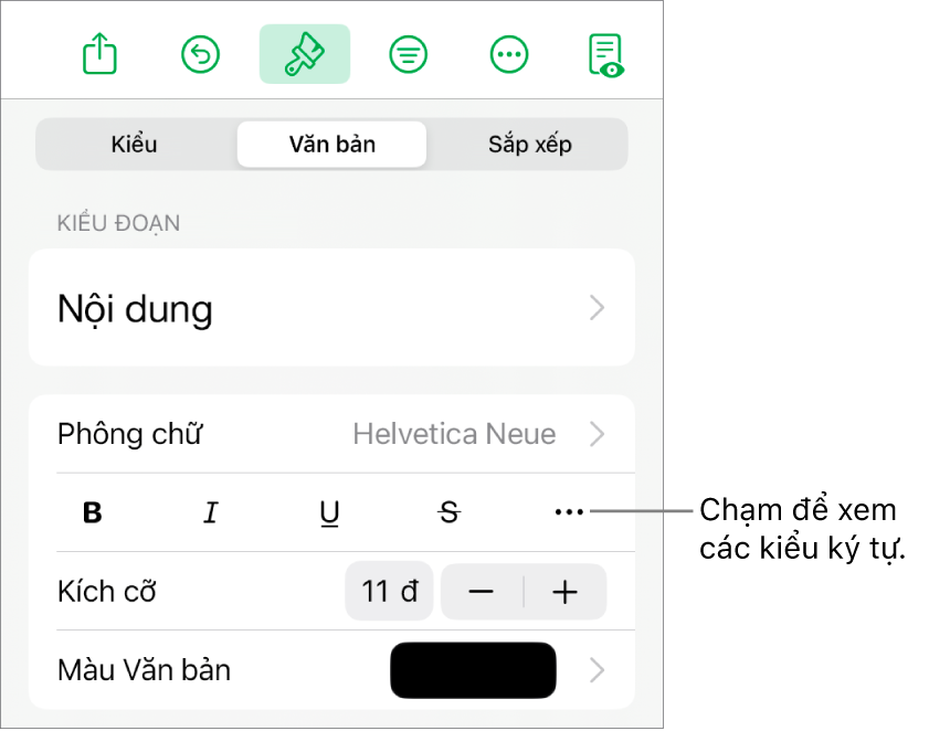 Các điều khiển Định dạng với các kiểu đoạn ở trên cùng, sau đó là các điều khiển Phông chữ. Bên dưới Phông chữ là các nút In đậm, In nghiêng, Gạch chân, Gạch xuyên và Tùy chọn văn bản khác.