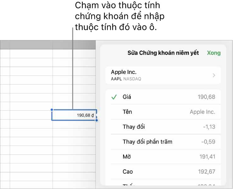 Cửa sổ bật lên chứng khoán niêm yết, với tên chứng khoán ở trên cùng và các thuộc tính chứng khoán có thể chọn, bao gồm giá, tên, thay đổi, phần trăm thay đổi, mở và cao được liệt kê bên dưới.