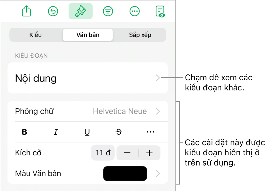 Menu Định dạng đang hiển thị các điều khiển văn bản để đặt kiểu, phông chữ, kích cỡ và màu của đoạn và ký tự.