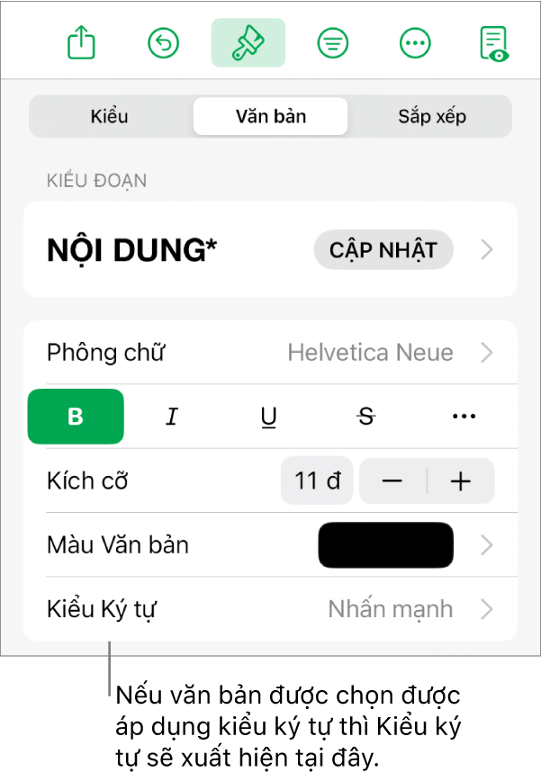 Các điều khiển định dạng Văn bản với Kiểu ký tự bên dưới các điều khiển Màu. Kiểu ký tự Không xuất hiện cùng với dấu hoa thị.