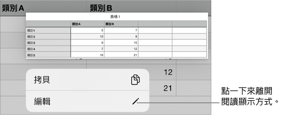 已選取一個表格輸入格，其上方為帶有「拷貝」和「編輯」按鈕的選單。