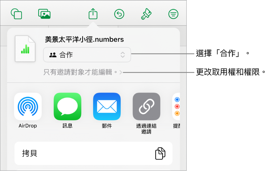 「分享」選單的最上方已選取「合作」，其下方為取用和權限設定。