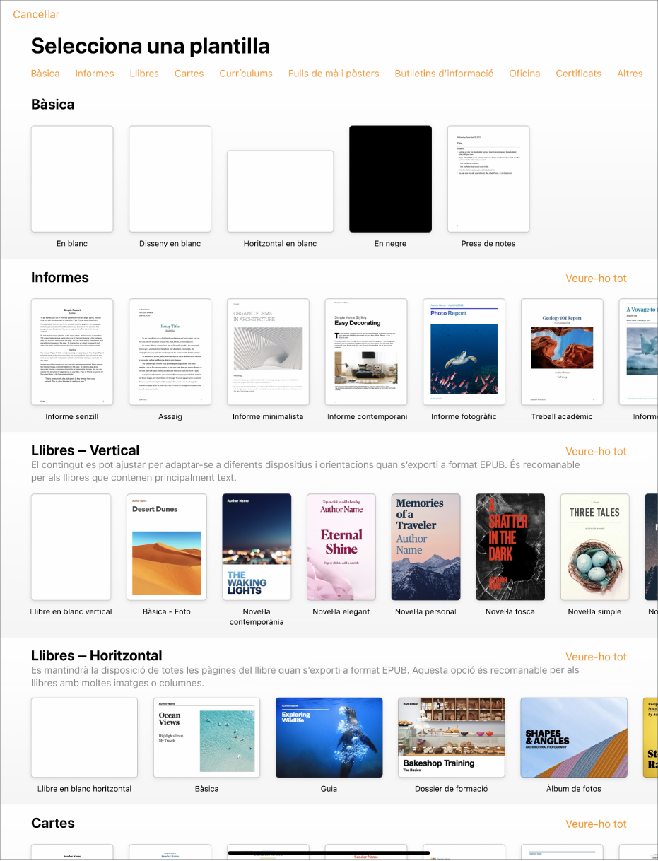 El selector de plantilles, amb una fila de categories a la part superior que pots tocar per filtrar les opcions. A sota hi ha miniatures de plantilles predissenyades ordenades en files per categoria: la primera, a la part superior, és Recents, seguida per Bàsiques i Informes. Es mostra el botó “Mostra-ho tot” a la part superior i a la dreta de cada fila de categories. El botó d’idioma i regió és a l’angle superior dret.