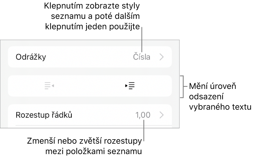 Oddíl Odrážky a seznamy na panelu Formát s připojenými popisky pro ovládací prvky Odrážky a seznamy, pro tlačítka zvýšení a snížení úrovně odsazení a pro ovládací prvky řádkování.