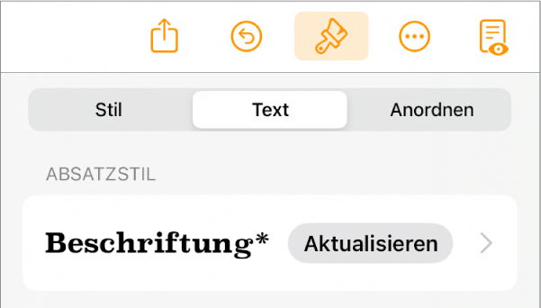 Der Absatzstil „Text“, neben dem sich rechts ein Stern und eine Taste „Aktualisieren“ befindet.