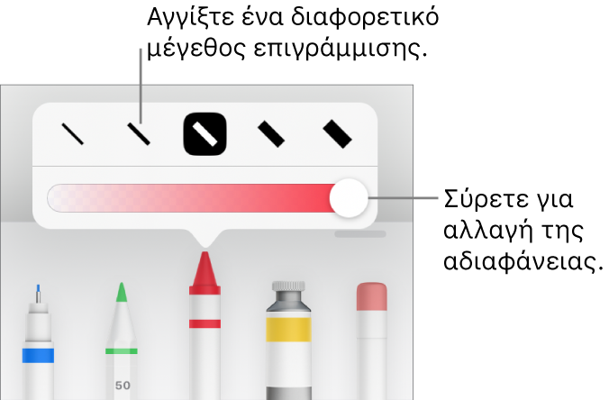 στοιχεία ελέγχου για επιλογή μεγέθους επιγράμμισης και ρυθμιστικό για προσαρμογή της αδιαφάνειας.