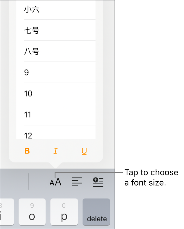 The Font Size button on the right side of the iPad keyboard with the Font Size menu open. China mainland government standard font sizes appear at the top of the menu with point sizes below.