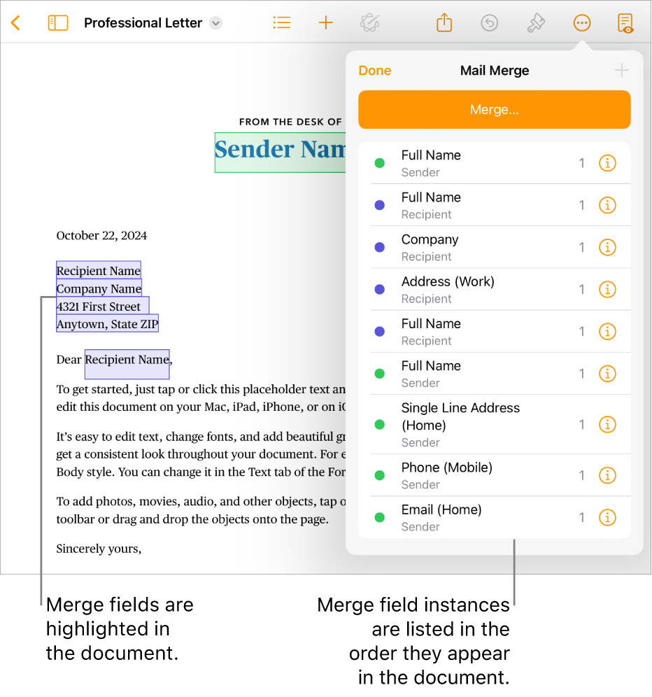 Pages document with recipient and sender merge fields, and the merge field instances list visible in the Document sidebar.