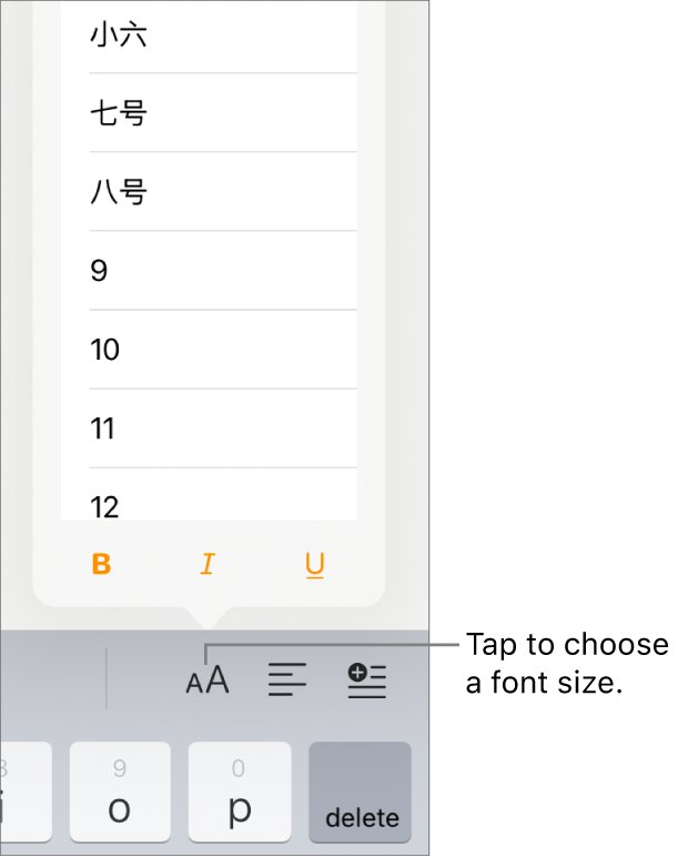 The Font Size button on the right side of the iPad keyboard with the Font Size menu open. China mainland government standard font sizes appear at the top of the menu with point sizes below.