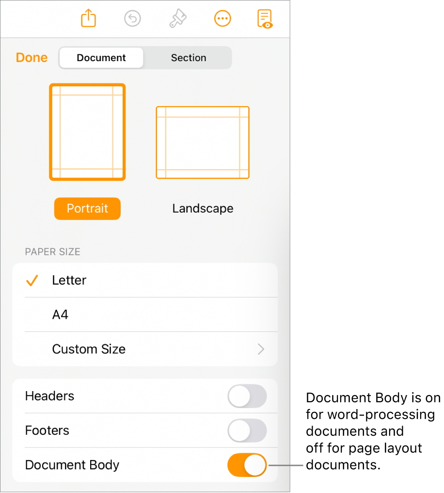 The Document format controls with Document Body turned on near the bottom of the screen.