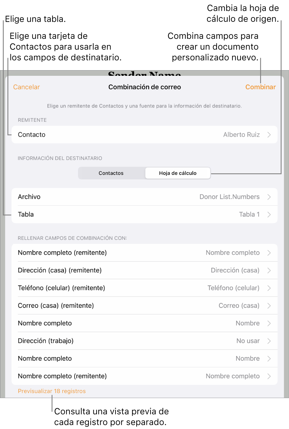 Panel Combinación de correo abierto, con opciones para elegir la información del remitente, cambiar el archivo o la tabla de origen, previsualizar los nombres de los campos de combinación o combinar el documento.
