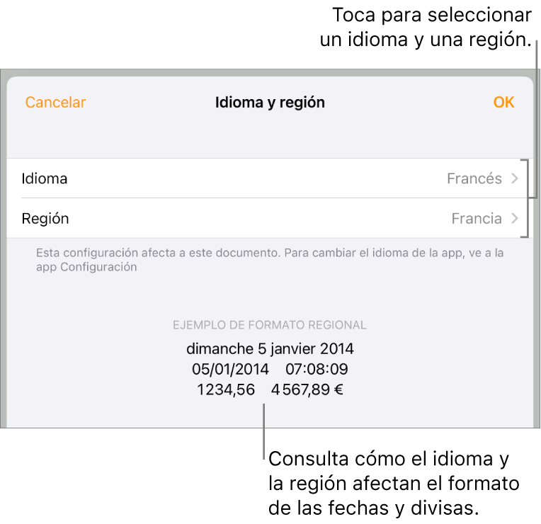 El panel Idioma y región con controles para el idioma y la región, y un ejemplo de formato que incluye una fecha, una hora, y formatos decimales y de moneda.