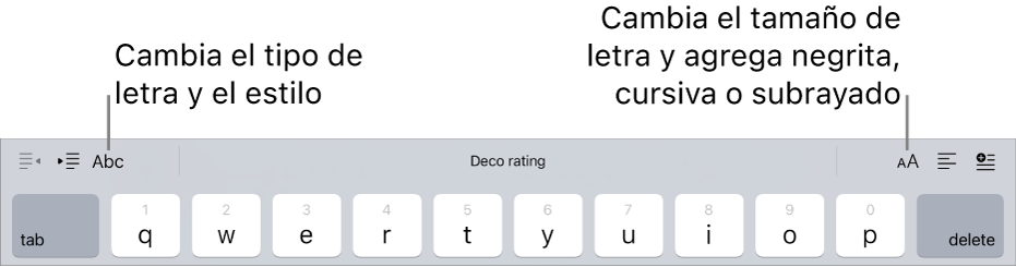 Los botones de formato de texto arriba del teclado, de izquierda a derecha: sangría, tipo de letra, tres campos de texto predictivo, tamaño de letra, alineación e inserción.