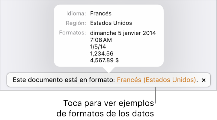 La notificación de la configuración de idioma y formato distinto, con ejemplos del formato en ese idioma y región.