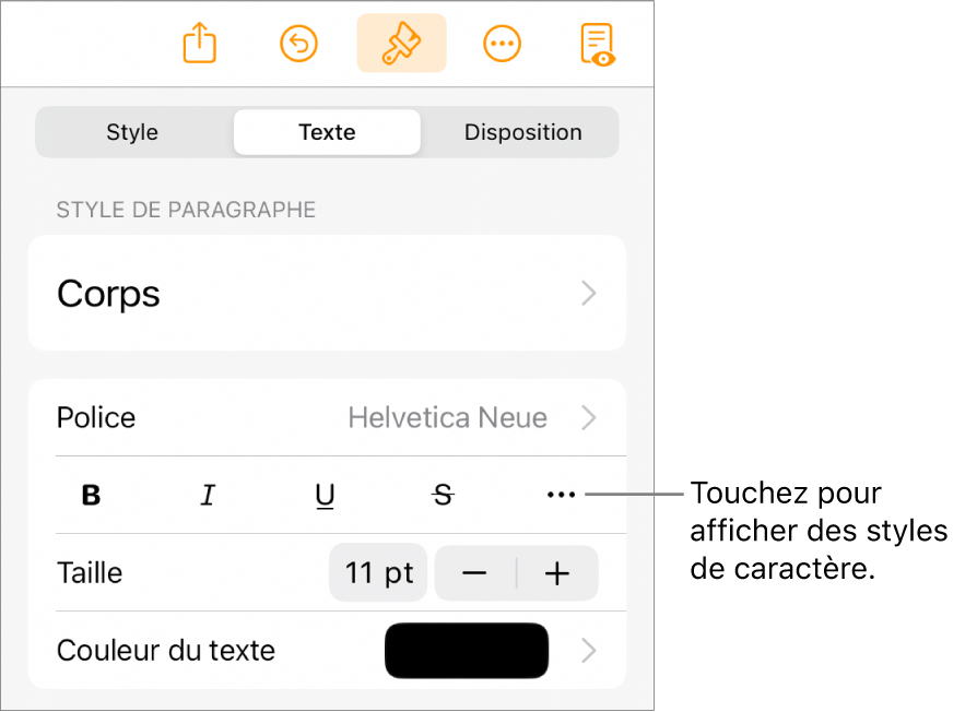 Les commandes de mise en forme avec les styles de paragraphe en haut, suivis des commandes de police. En dessous de Police se trouvent les boutons Gras, Italique, Souligné, Barré et « Plus d’options de texte ».