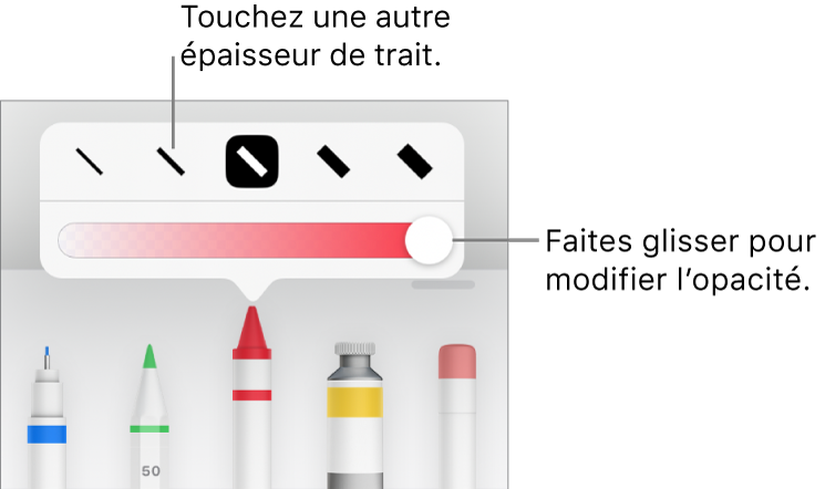 Commandes pour choisir une épaisseur de trait et curseur pour ajuster l’opacité.