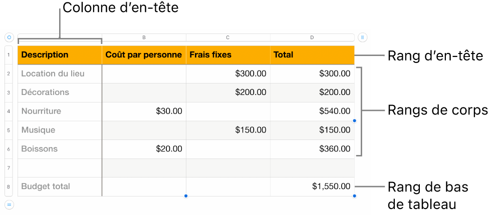 Tableau affichant des rangs et des colonnes d’en-tête, de corps et de bas de tableau.