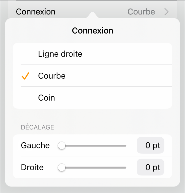 Les commandes Connexion avec l’option Courbe sélectionnée.