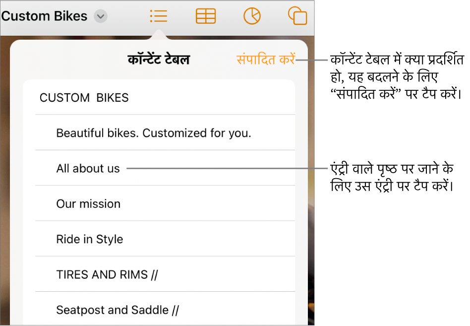 सूची में एंट्रीयों के साथ कॉन्टेंट टेबल दृश्य। “संपादित करें” बटन दृश्य के शीर्ष-दाएँ कोने में होता है।