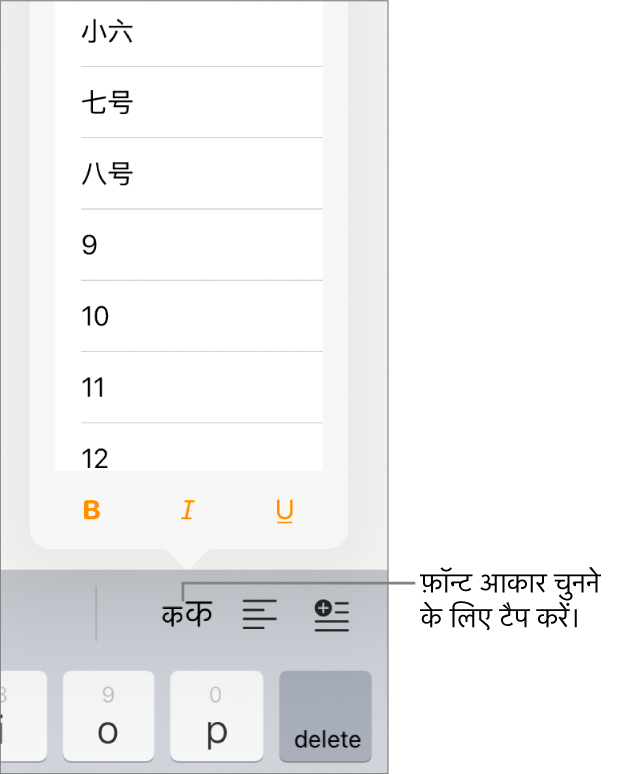 खुले फ़ॉन्ट आकार मेनू के साथ iPad कीबोर्ड के दाईं ओर स्थित “फ़ॉन्ट आकार” बटन। “चीन” की सरकार द्वारा निर्धारित मानक फ़ॉन्ट आकार मेनू के शीर्ष पर दिखाई देते हैं और नीचे बिंदु आकार प्रदर्शित होते हैं।