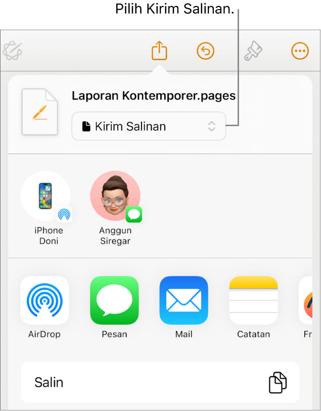 Menu Bagikan dengan Kirim Salinan dipilih di bagian atas.