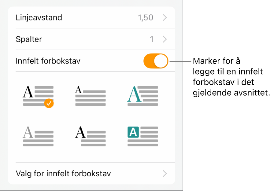 Innfelt forbokstav-kontrollene vises i Tekst-menyen.